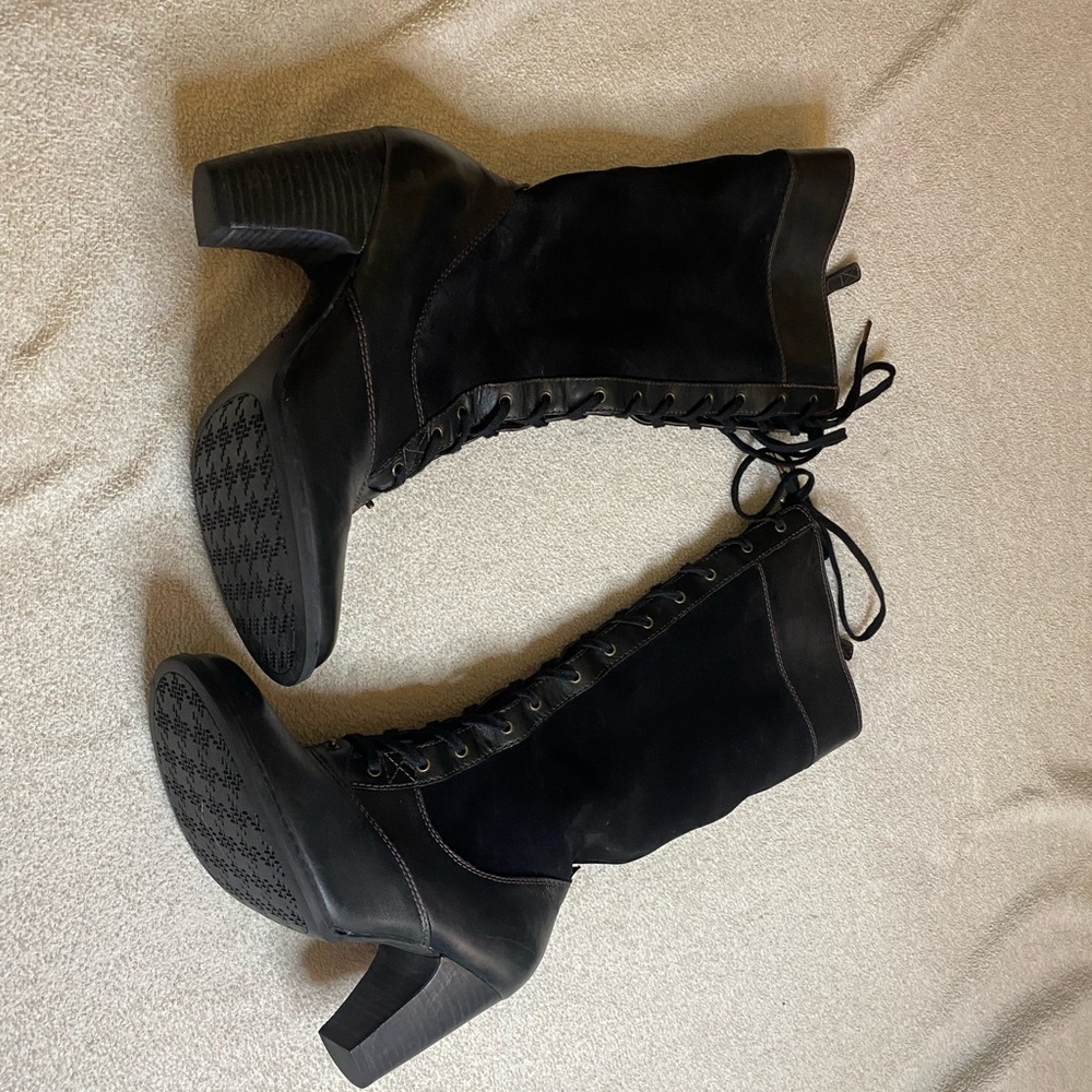 Indigo Black Lace Up Boots with Chunky Heel - Picture 2 of 8
